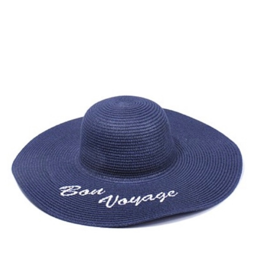 Bon voyage embroidered navy beach sun floppy hat
